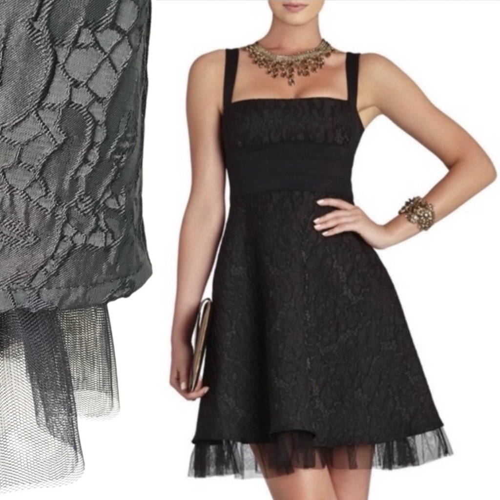 Bcbgmaxazria Kaya Jacquard Mini Dress Tulle Hem Black Size 2